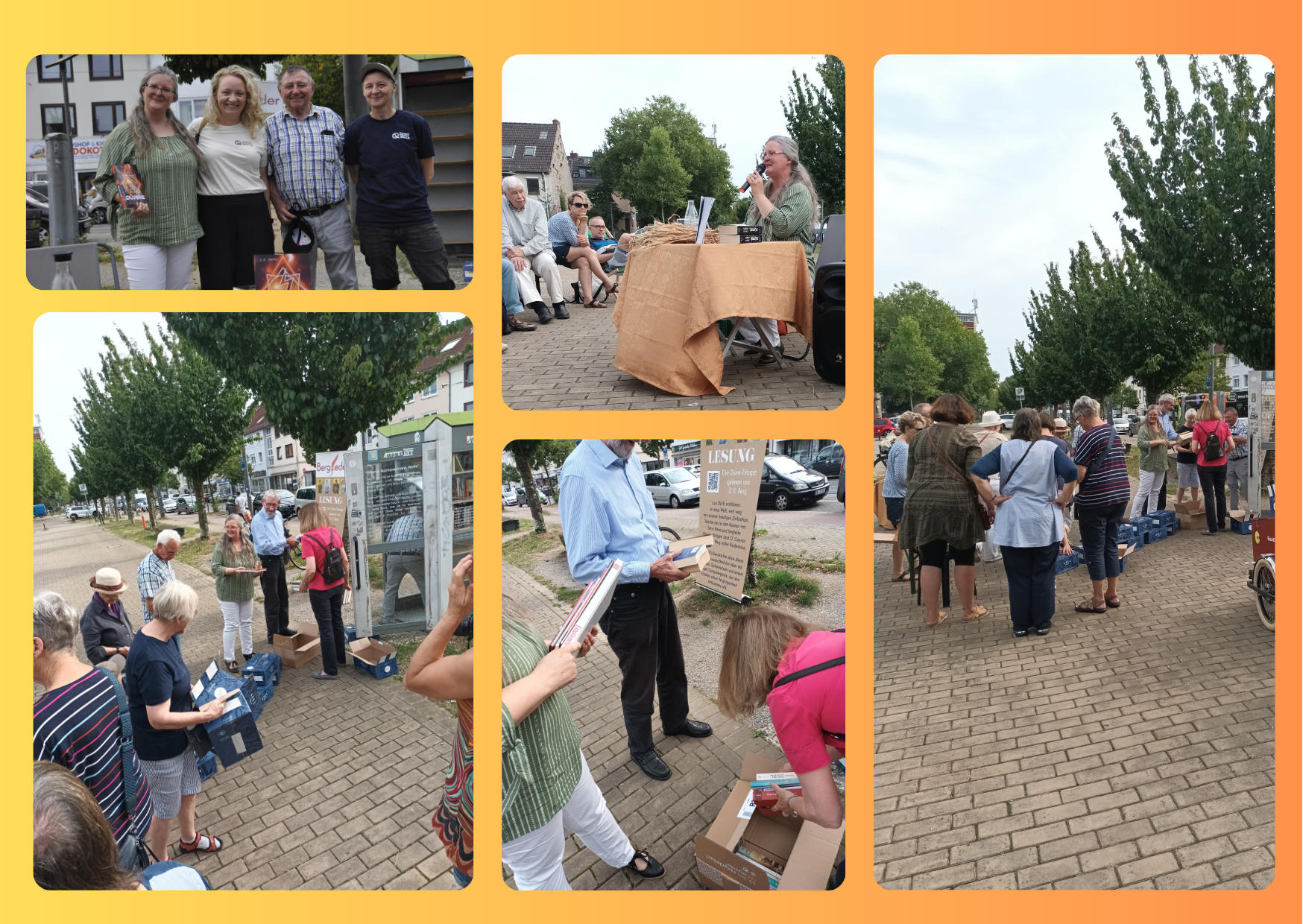 Menschen geben sich die Bücher in die Hand und räumen die Büchertelefonzelle am Wartburgplatz ein.