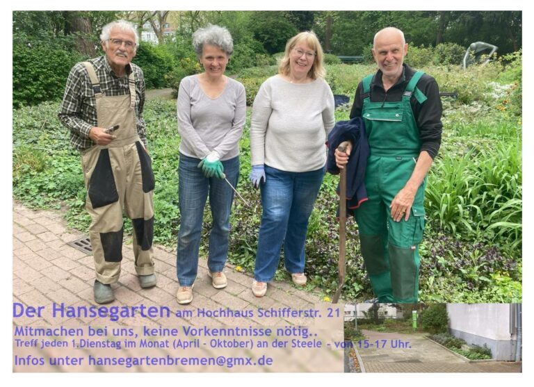 Vier Personen vor dem frühlinghaften Hansegarten, laden ein zum Mitmachen.